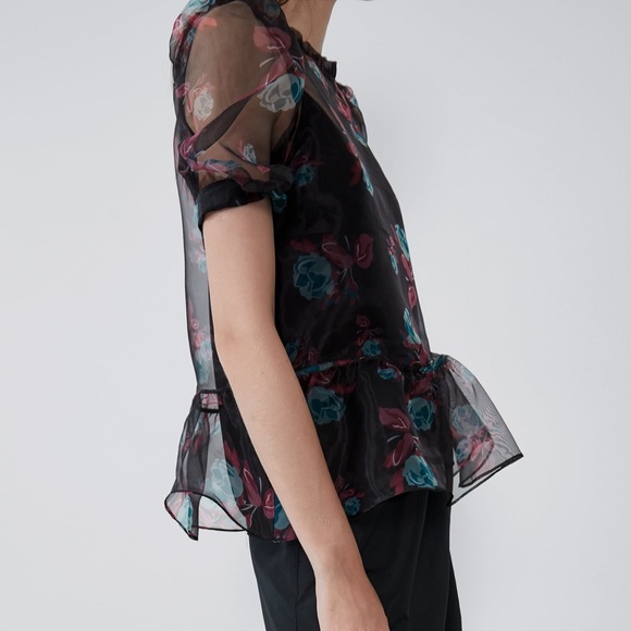 Zara PRINTED ROSE ORGANZA SEMI-SHEER BLOUSE PEPLUM - Picture 4 of 8